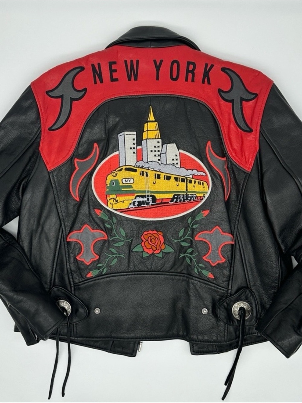 Avirex Black & Red Leather Jacket with Yellow Train Graphic